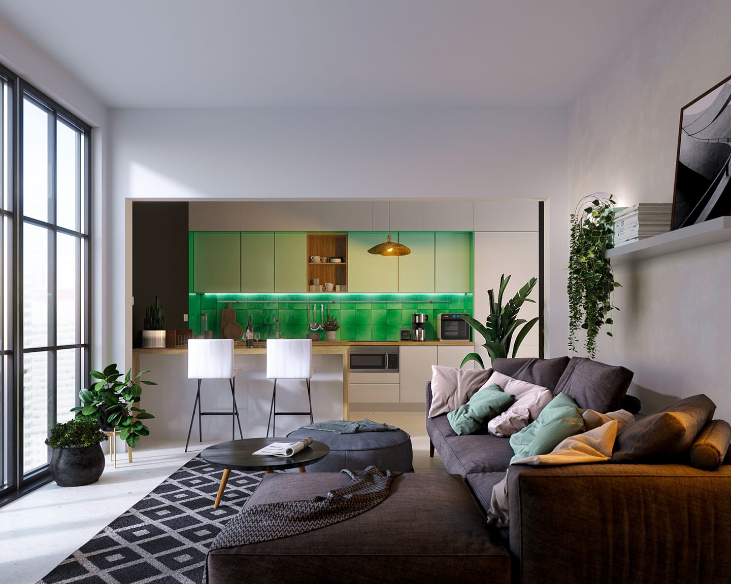 Rendering di interni materiali naturali rovere e ceramiche siciliane by danilo sacco